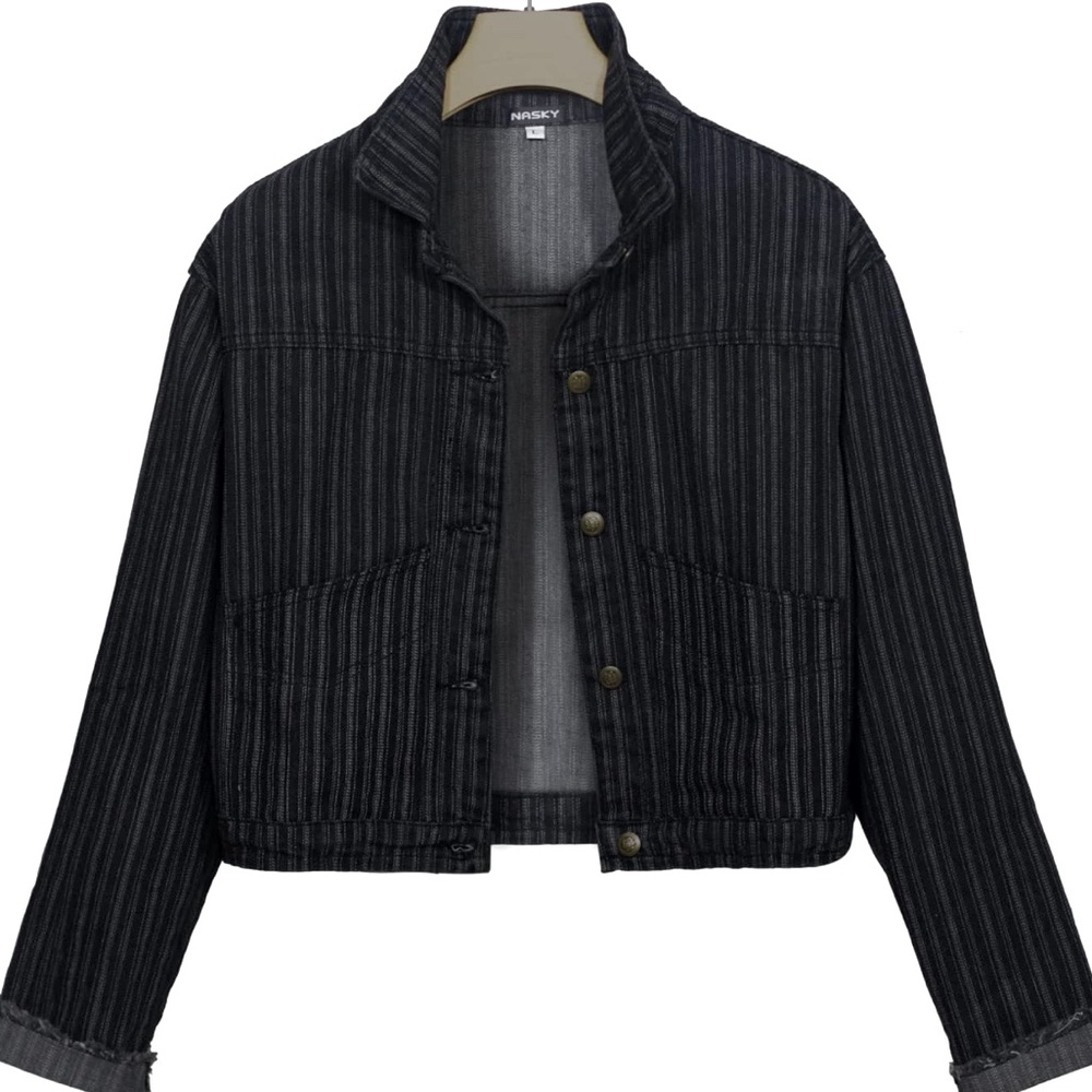 NWT Nasky Stylish Striped Black Denim Crop Jacket Size Large